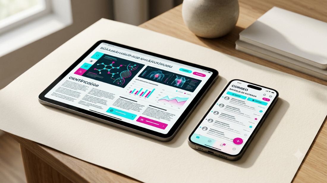 Tablet y teléfono mostrando material de visita médica interactivo
