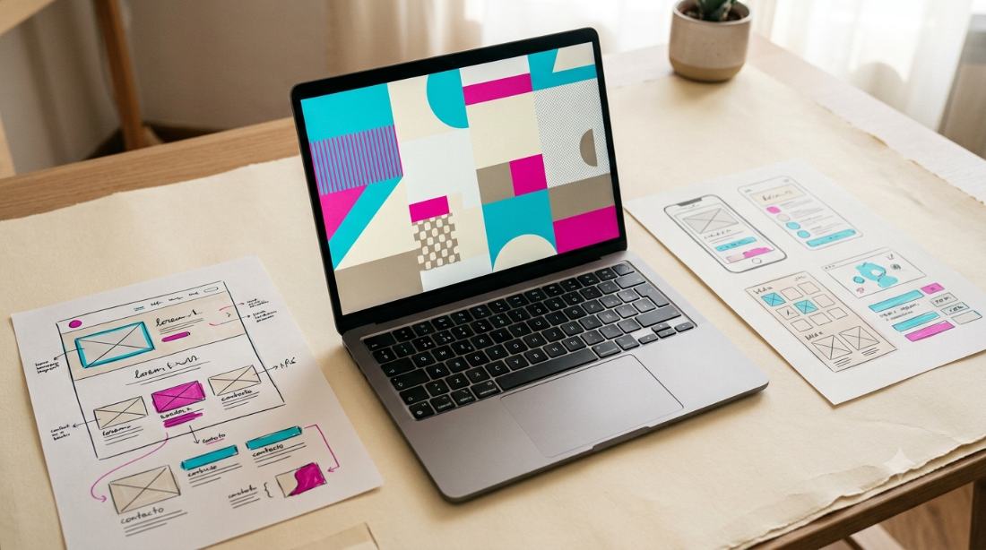 Notebook con diseño de sitio web junto a wireframes impresos